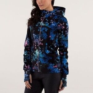Lululemon Scuba Hoodie Women Size 10 Black Floral Full Zip Fleece Thumbholes